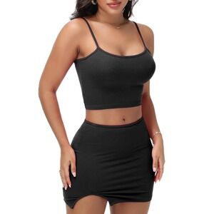 Y2K Women Black 2 Piece Ribbed Skirt Set Crop Top Mini Skirt Bodycon Outfit